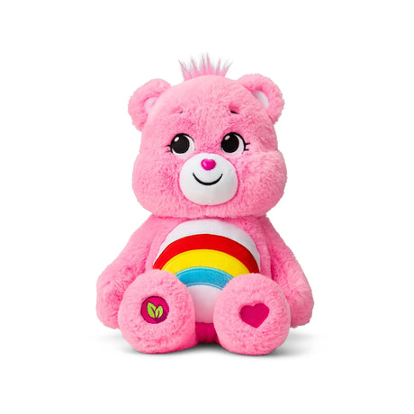 Front view of Care Bears Cheer Bear eco-friendly 14″ plush with rainbow belly badge in Ireland.