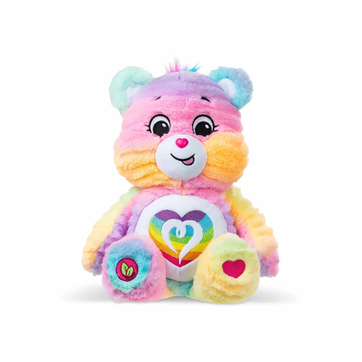 Front view of Care Bears Color Splash Togetherness Bear plush with rainbow heart belly badge in Ireland.