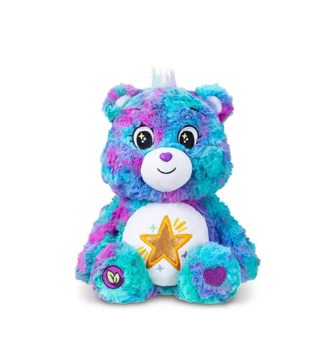 Front view of Care Bears Good Wishes Bear 35 cm plush with gold star belly badge and tie-dye fur in Ireland.