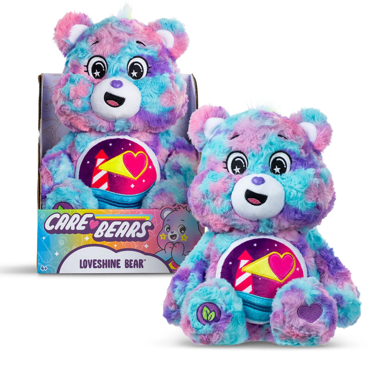 Care Bears Loveshine Bear plush in colourful retail display box with lighthouse heart belly badge in Ireland.