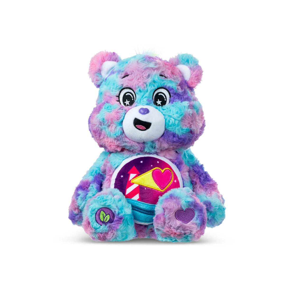 Care Bears Loveshine Bear plush front view with purple and blue tie-dye colours and heart lighthouse badge in Ireland.
