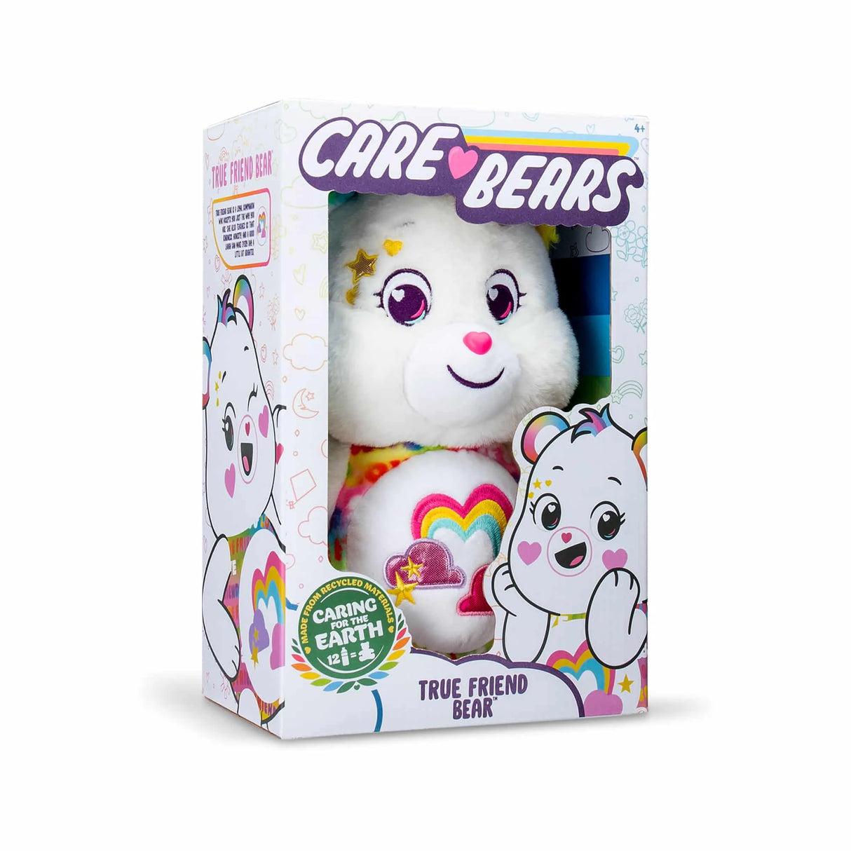 Care Bears True Friend Bear in retail box with rainbow heart badge and eco-friendly label in Ireland.