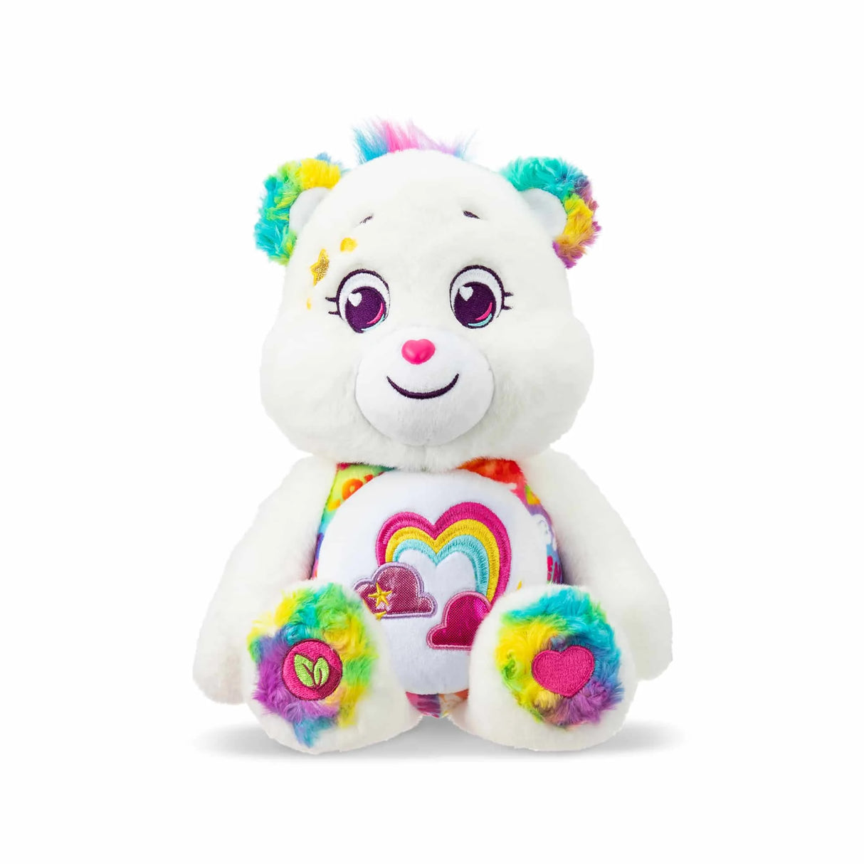 Front view of Care Bears True Friend Bear 35 cm (14 inch) plush with unique wrapped-text belly badge in Ireland.