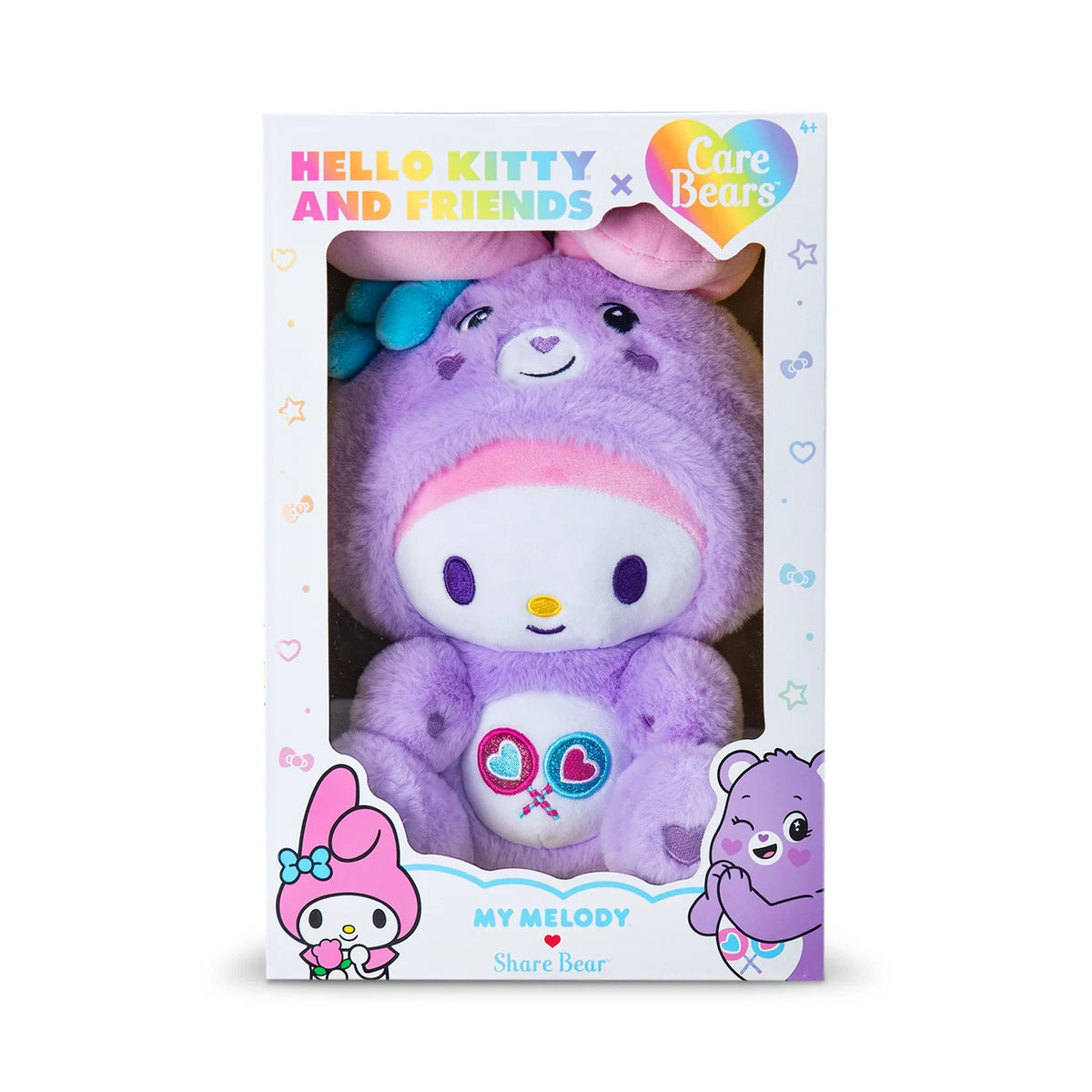 Front of My Melody as Share Bear retail box, showing the purple plush with pink rabbit ears, turquoise bow and embroidered heart lollipop belly badge.