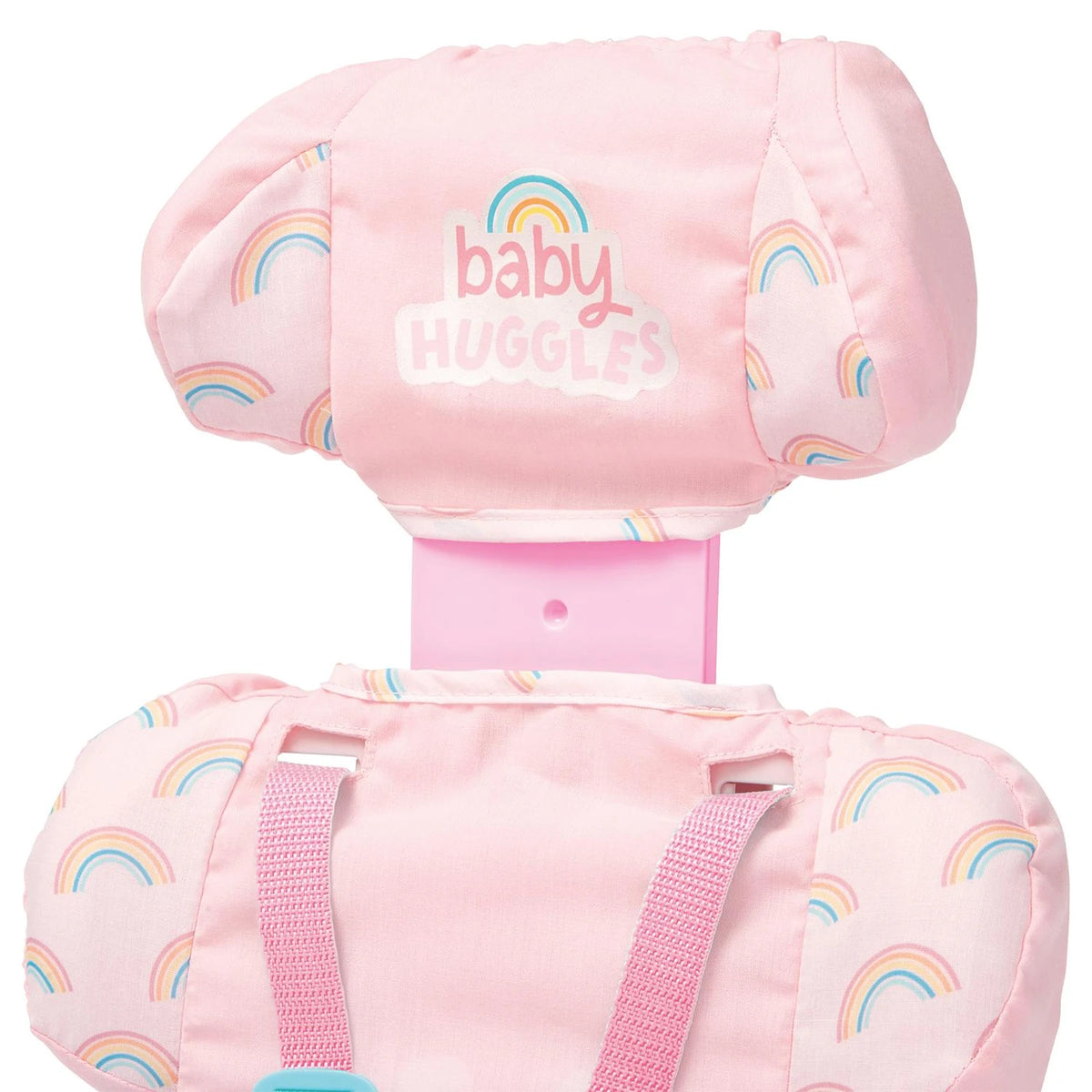 Casdon Baby Huggles Booster Seat close-up showing the pink Baby Huggles adjustable headrest and rainbow print seat