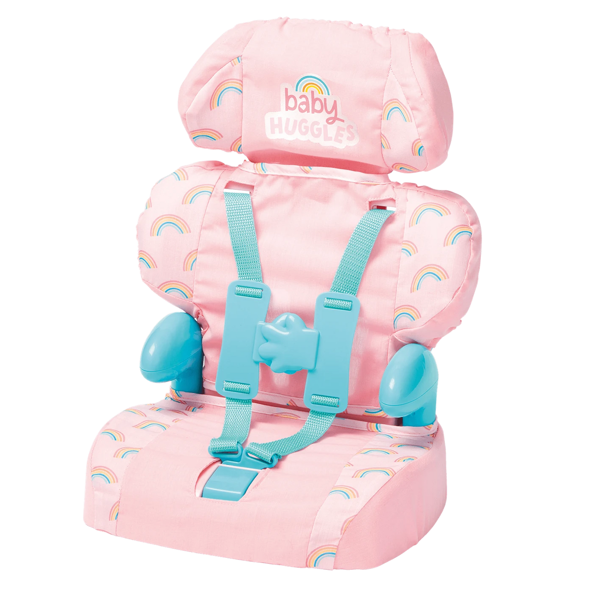 Casdon Baby Huggles Booster Seat product view with pink rainbow print seat, teal hand buckles and adjustable headrest