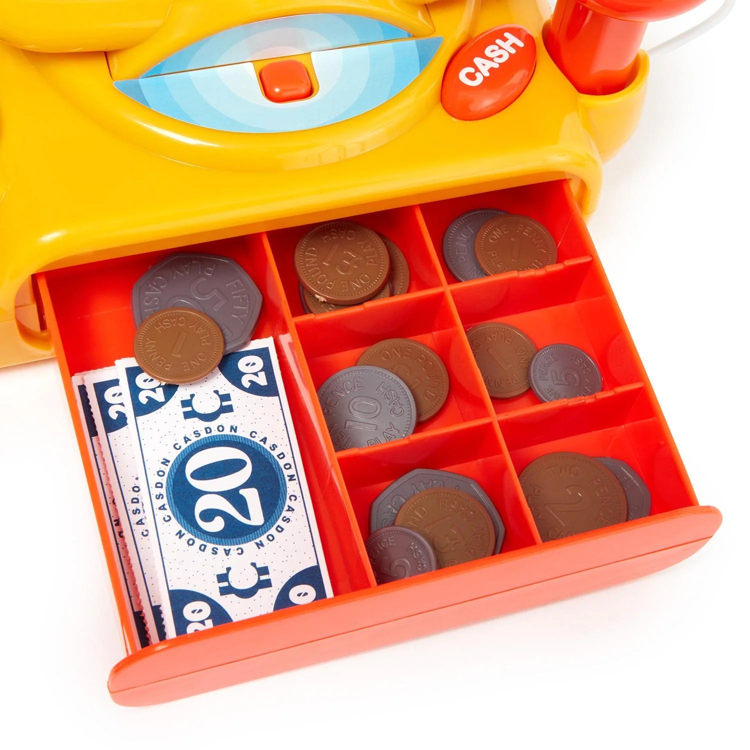 Close-up of Casdon Cash Register drawer with play coins and printed notes – Ireland