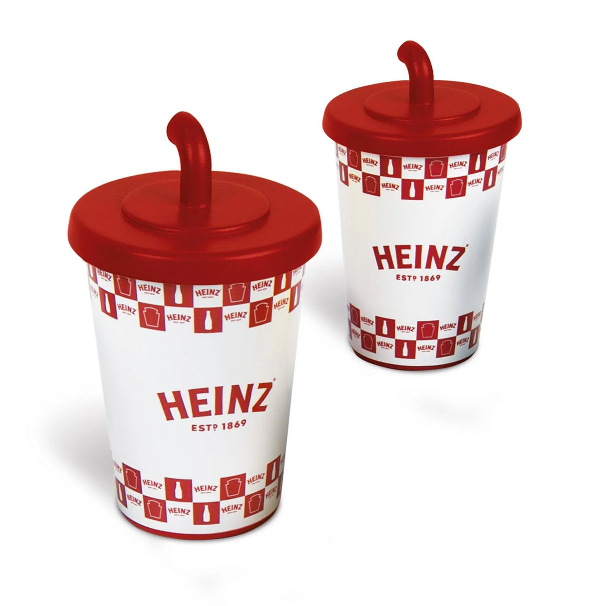 Two Heinz soda cups with red lids and straws