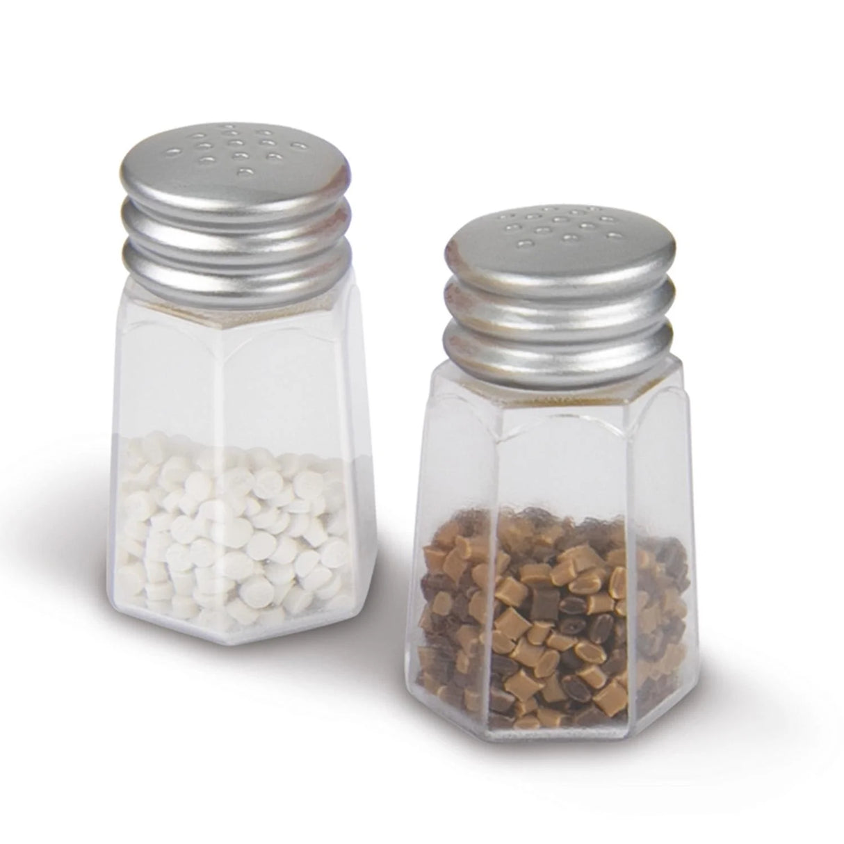 Toy salt and pepper shakers with silver lids