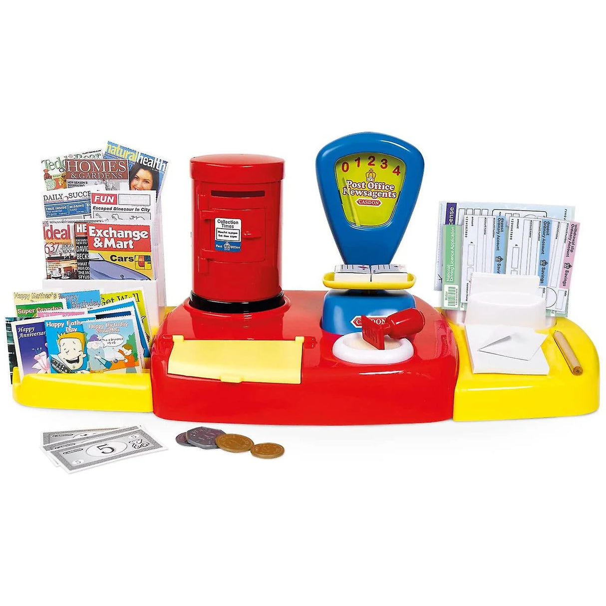 Casdon Post Office playset counter with red post box, weighing scales, cash drawer and toy letters
