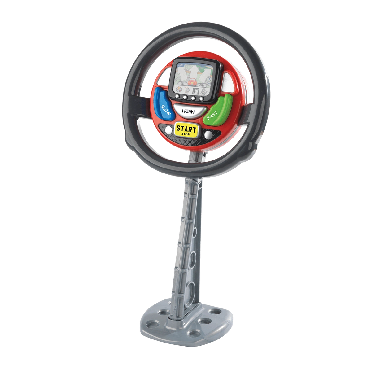 Casdon Sat Nav Steering Wheel toy on a grey stand with screen, controls and circular black wheel