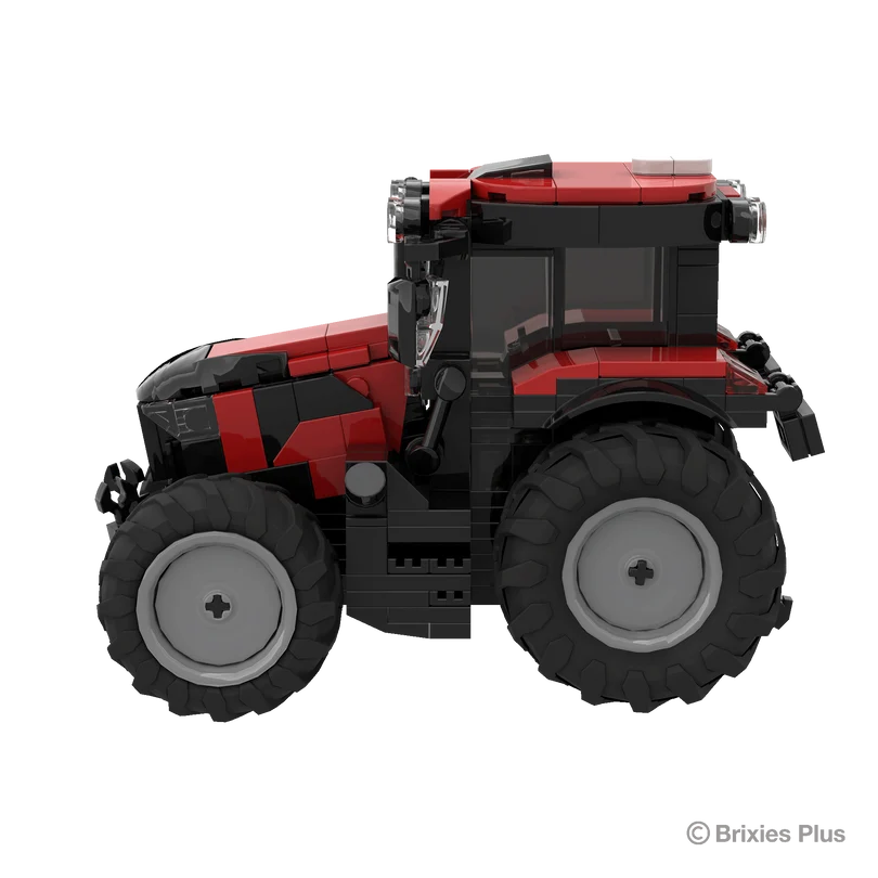 Side view of the BRIXIES Plus Case Puma 175 showing the red bodywork, enclosed cab, exhaust stack and different sized agricultural tyres