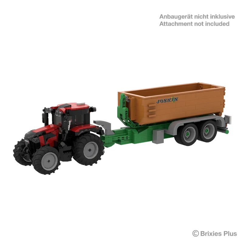BRIXIES Plus Case Puma 175 connected to a Joskin trailer to demonstrate attachment compatibility, with the attachment marked as not included