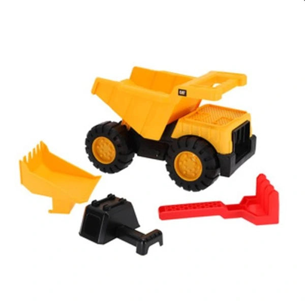 CAT Tough Tracks Ultra Sand Set dump truck shown with removable sand tools laid out beside it