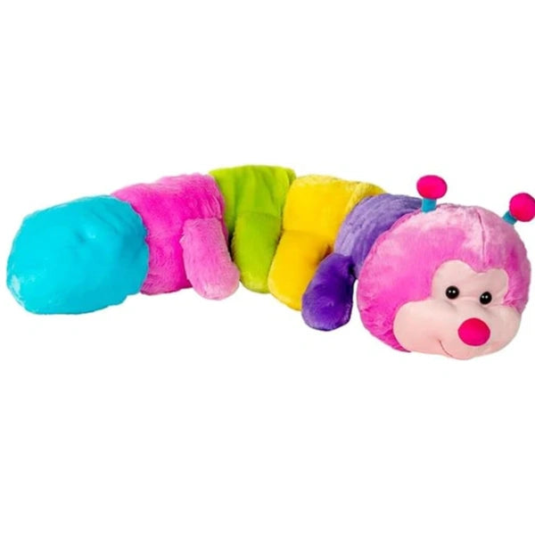 Large multicolour caterpillar plush toy with pink head, turquoise tail and segmented green, yellow and purple body on white background