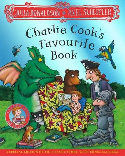 Cover of Charlie Cook’s Favourite Book by Julia Donaldson and Axel Scheffler showing a dragon, bear, pirate and knight reading together outdoors