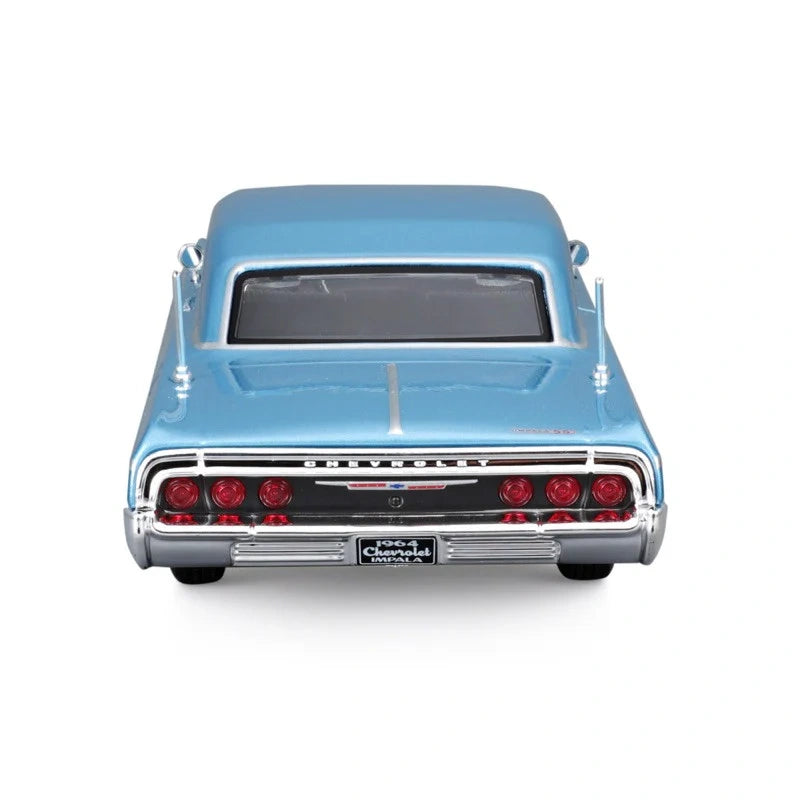 Rear view of the blue Chevrolet Impala SS 1964 1:24 diecast model with Chevrolet badging, red tail lights and chrome bumper
