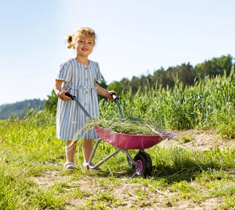 Child pushing Rolly pink metal wheelbarrow outdoors in sunny garden, Ireland