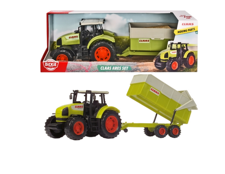 Dickie Toys Claas Ares toy tractor set with trailer in front of its packaging in Ireland