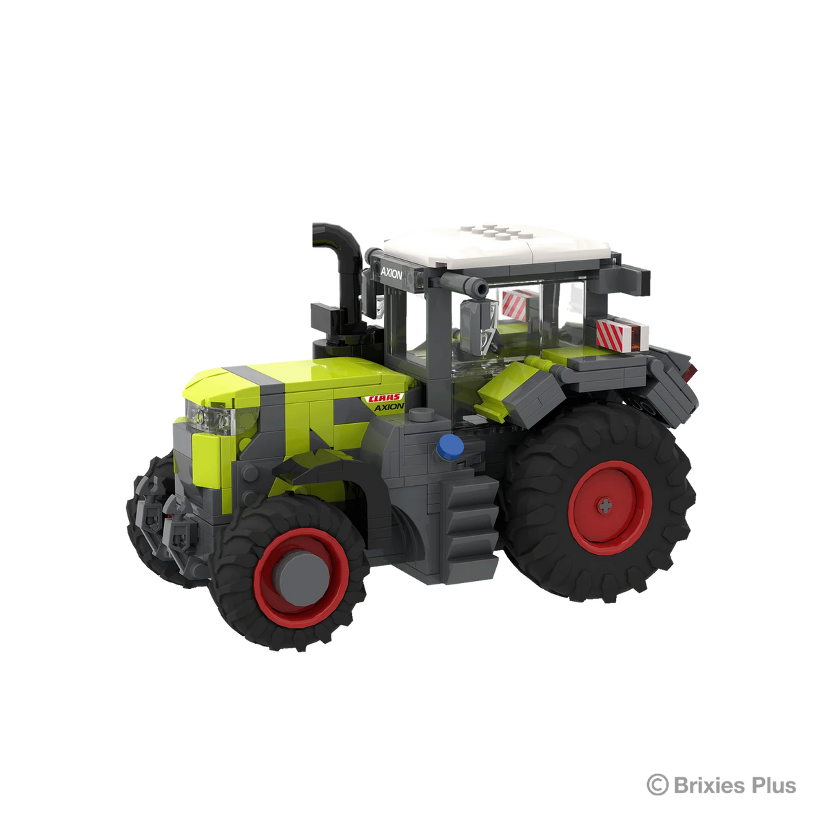 Front left three quarter view of the BRIXIES Plus CLAAS AXION 9450 showing the front weight, headlights, green bonnet, cab and large rear wheel