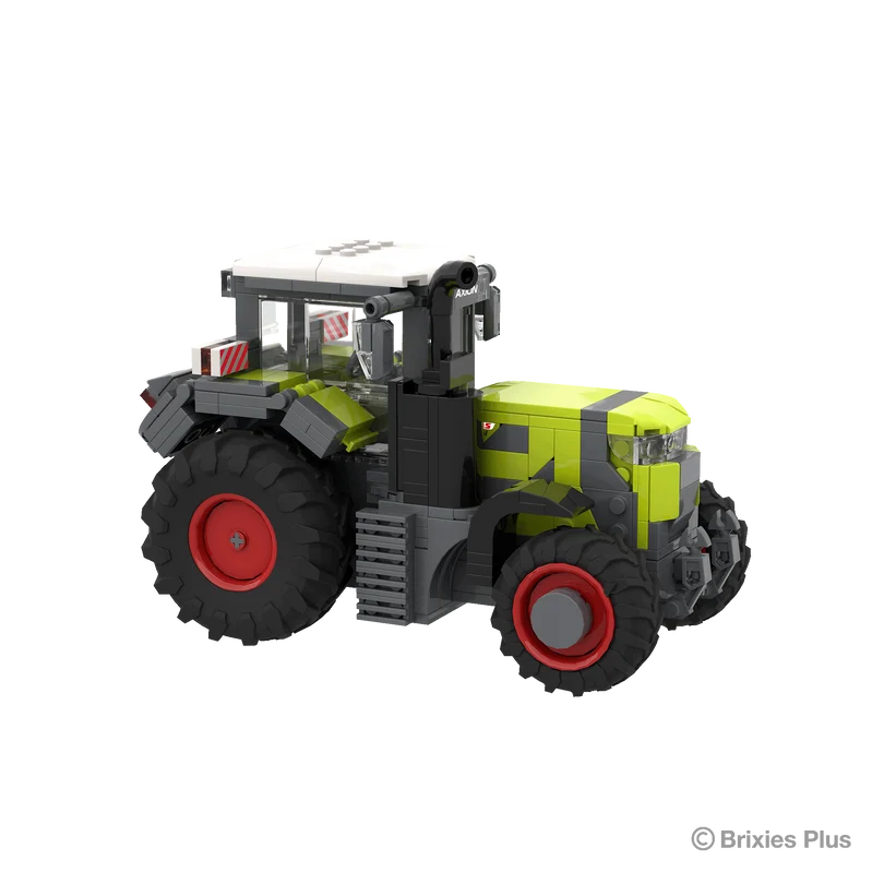 Front right view of the BRIXIES Plus CLAAS AXION 9450 showing the bonnet, front weight, cab steps and red rimmed agricultural wheels