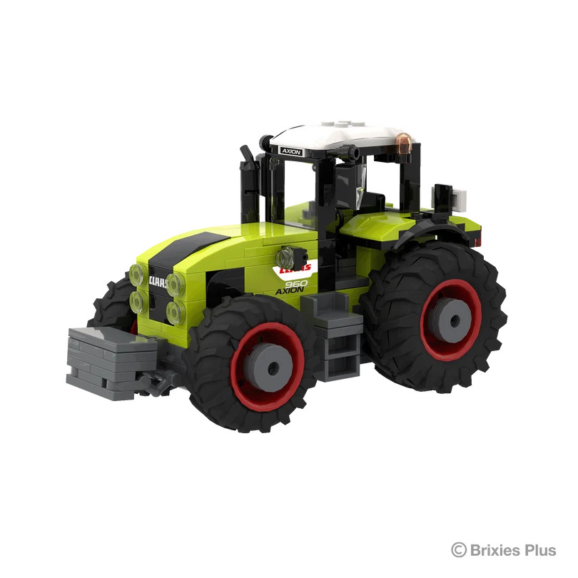 CLAAS AXION 960 BRIXIES tractor viewed from the front left showing the grey front weight, green bonnet, cab and red rimmed wheels
