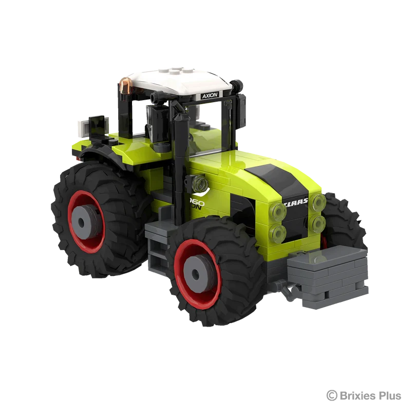 Front three quarter view of the BRIXIES Plus CLAAS AXION 960 showing the headlights, front weight, bonnet, cab and agricultural tyres