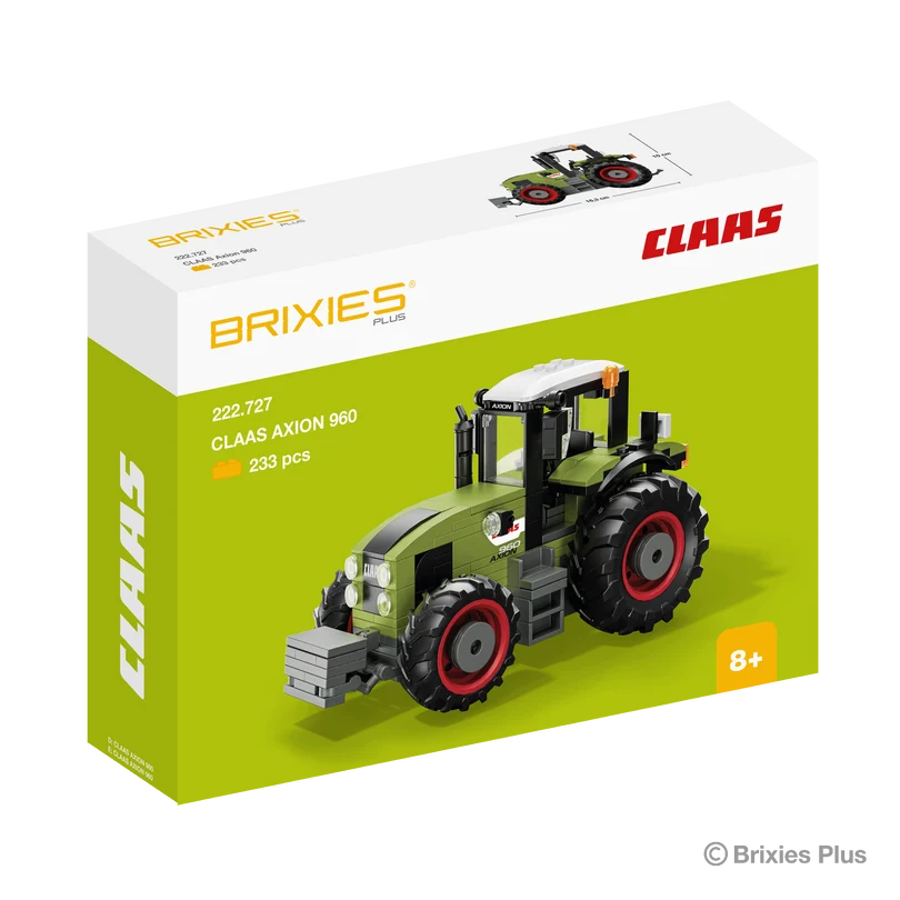 BRIXIES Plus CLAAS AXION 960 building set shown in its green and white CLAAS branded box with the tractor pictured on the front