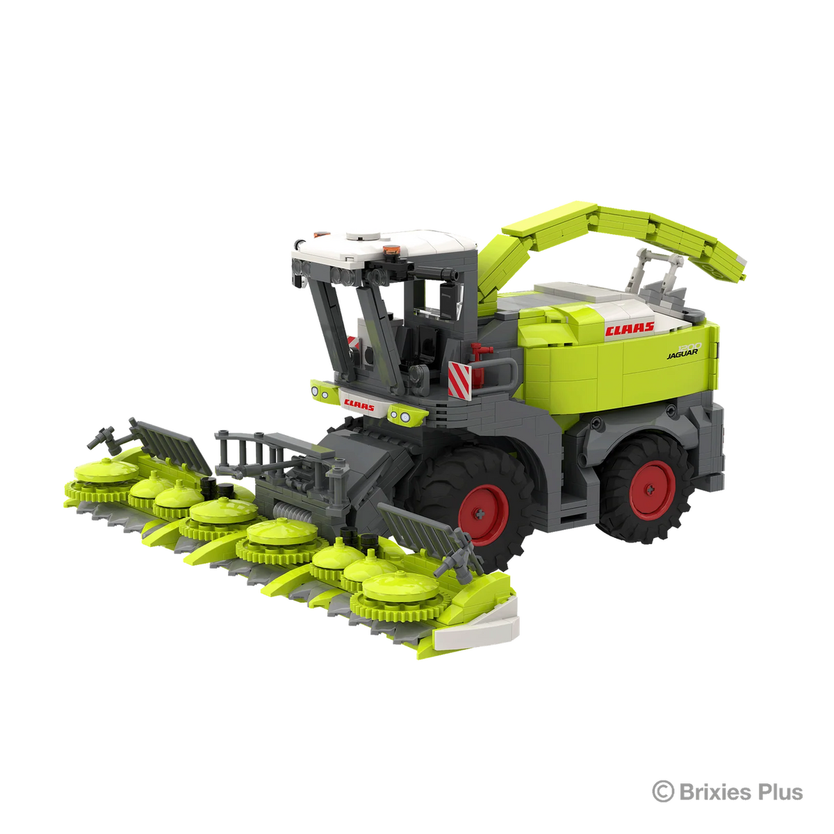 BRIXIES Plus CLAAS JAGUAR 1200 viewed from the front side with the detailed maize header, grey intake frame, cab and CLAAS bodywork clearly visible
