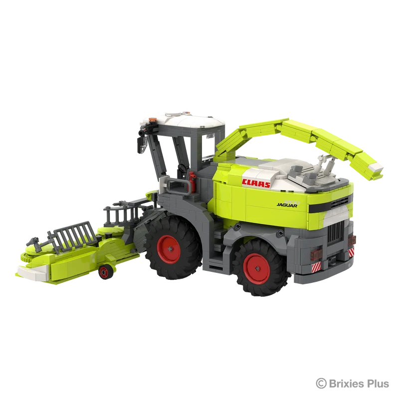 Rear angled view of the BRIXIES Plus CLAAS JAGUAR 1200 showing the rear bodywork, curved discharge spout, cab and maize header extending forward