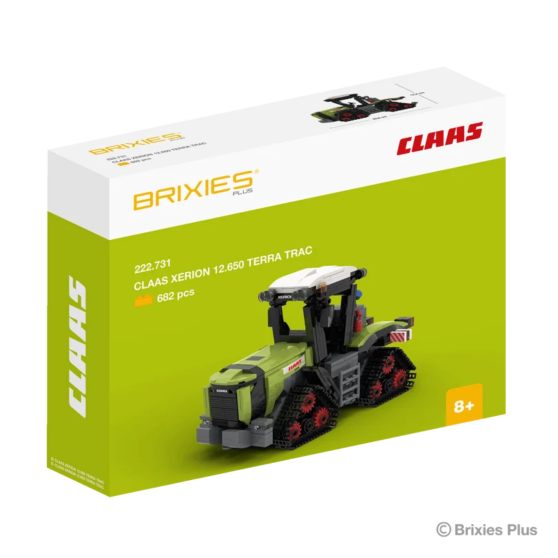 BRIXIES Plus CLAAS XERION 12.650 TERRA TRAC building set in its green CLAAS retail box with the completed tracked tractor pictured on the front