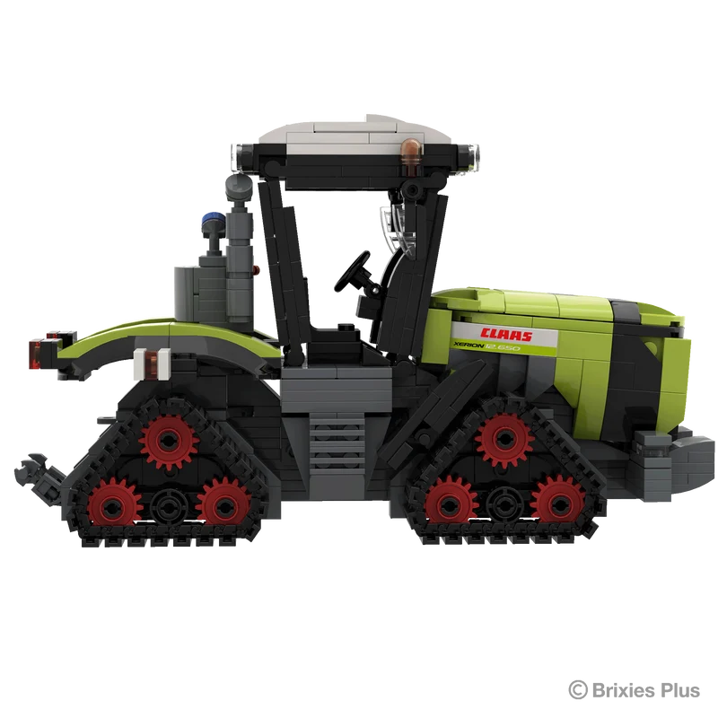 BRIXIES Plus CLAAS XERION 12.650 TERRA TRAC in full side profile with CLAAS branding, enclosed cab, green bonnet and four tracked running units