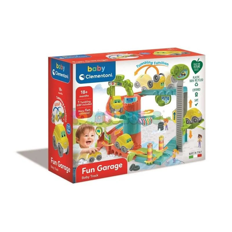 Boxed Clementoni Baby Fun Garage Baby Track playset for toddlers aged 18 months plus showing colourful eco-friendly design in Ireland