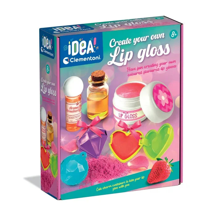 Front box of Clementoni Create Your Own Lip Gloss showing colourful cosmetic kit in Ireland
