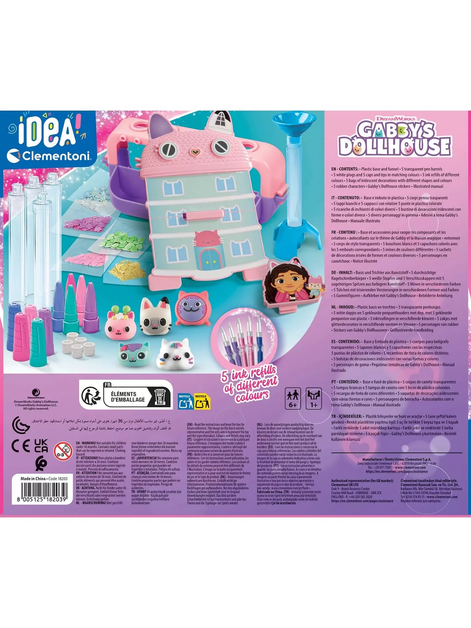 Back of Clementoni Gabby’s Dollhouse Pen Creator Studio packaging with full kit contents and details in Ireland