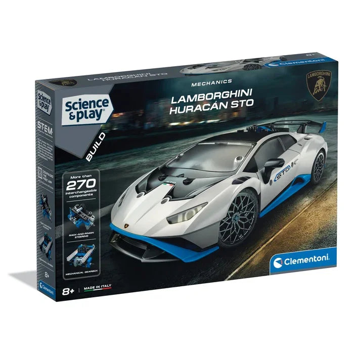 Front box view of Clementoni Lamborghini Huracán STO Mechanics set with 270 parts in Ireland