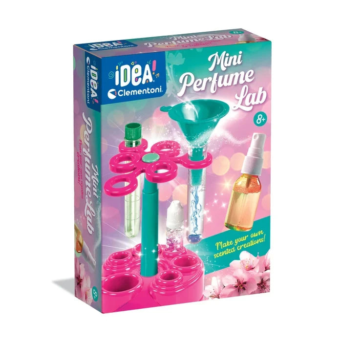 Clementoni Mini Perfume Lab box showing the pink and green laboratory stand, test tubes, funnel and spray bottle.