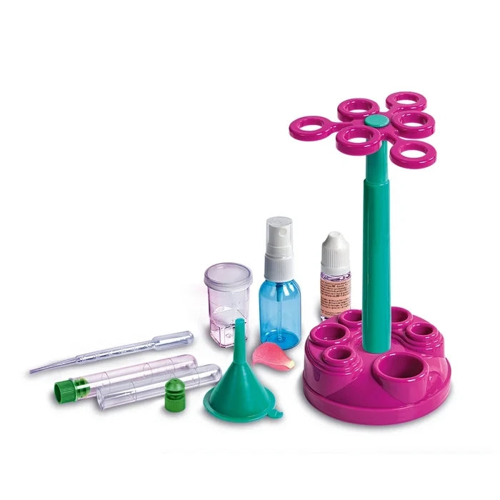 Clementoni Mini Perfume Lab stand with bottles, clear tubes, funnel, pipette and measuring container.