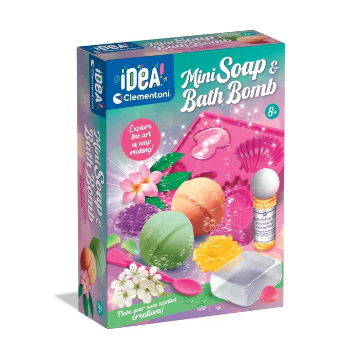 Front box of Clementoni Mini Soap & Bath Bomb Maker showing colourful DIY set in Ireland