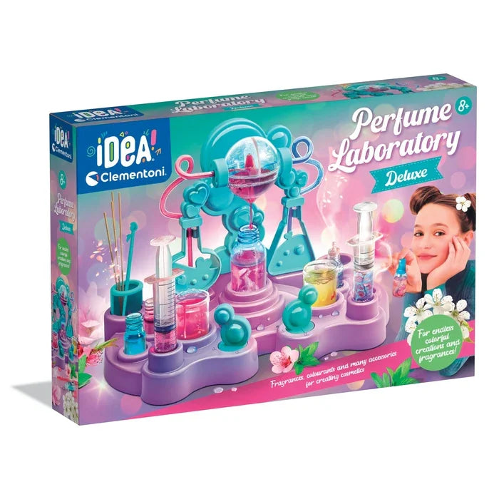 Front box of Clementoni Perfume Laboratory Deluxe showing colourful perfume making kit in Ireland