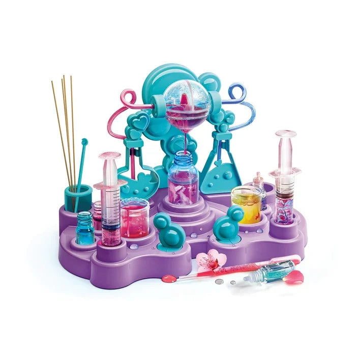 Fully assembled Clementoni Perfume Laboratory Deluxe set with colourful bottles and tools in Ireland