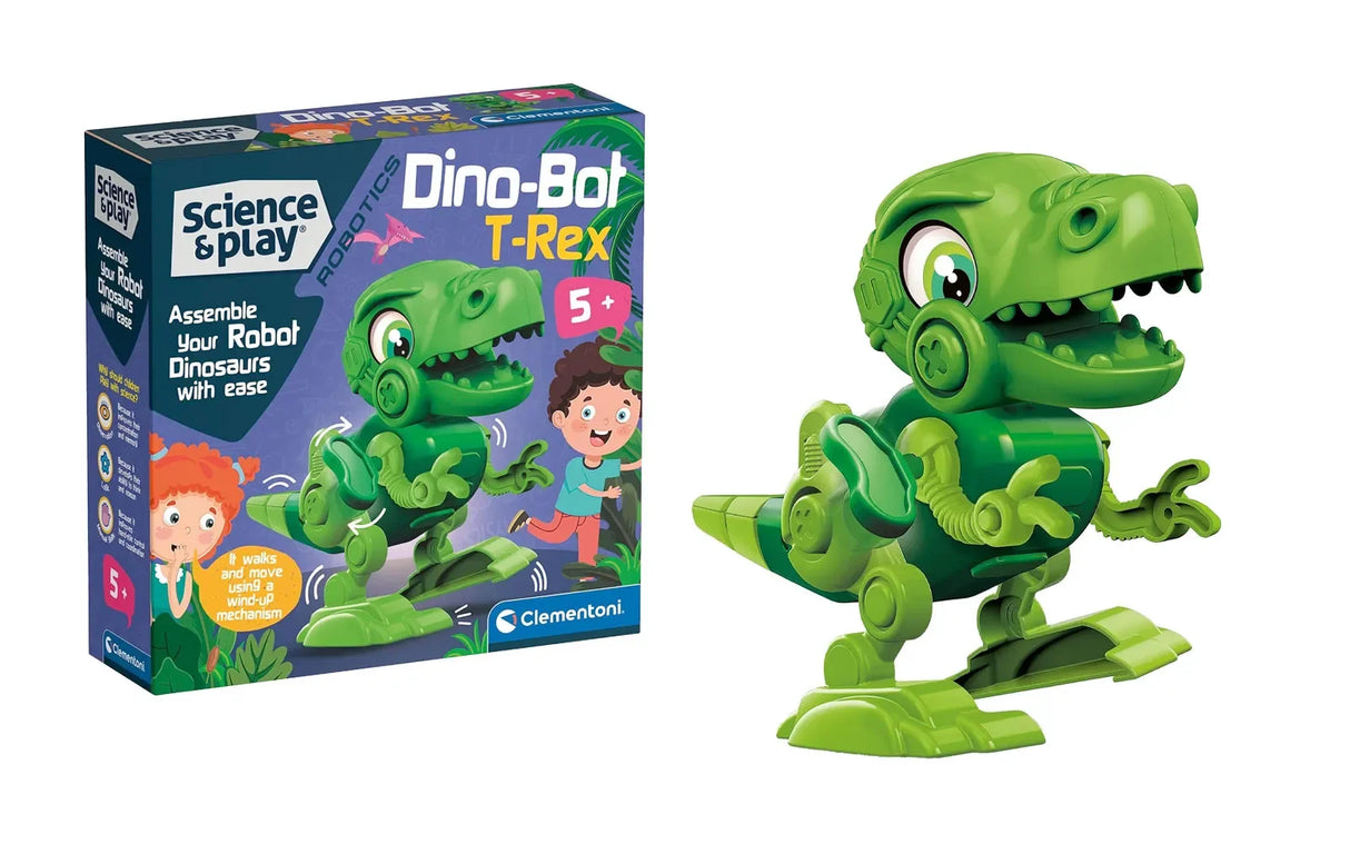 Clementoni Science & Play Dino-Bot T-Rex box and assembled robot figure together in Ireland