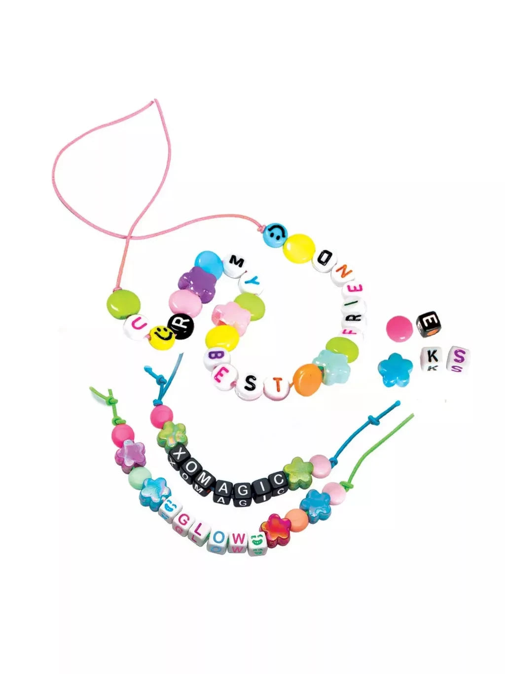 Colourful friendship bracelets made with pastel beads, flower shaped beads, smiley face beads and alphabet beads spelling messages, displayed with pink and green cords on a white background.