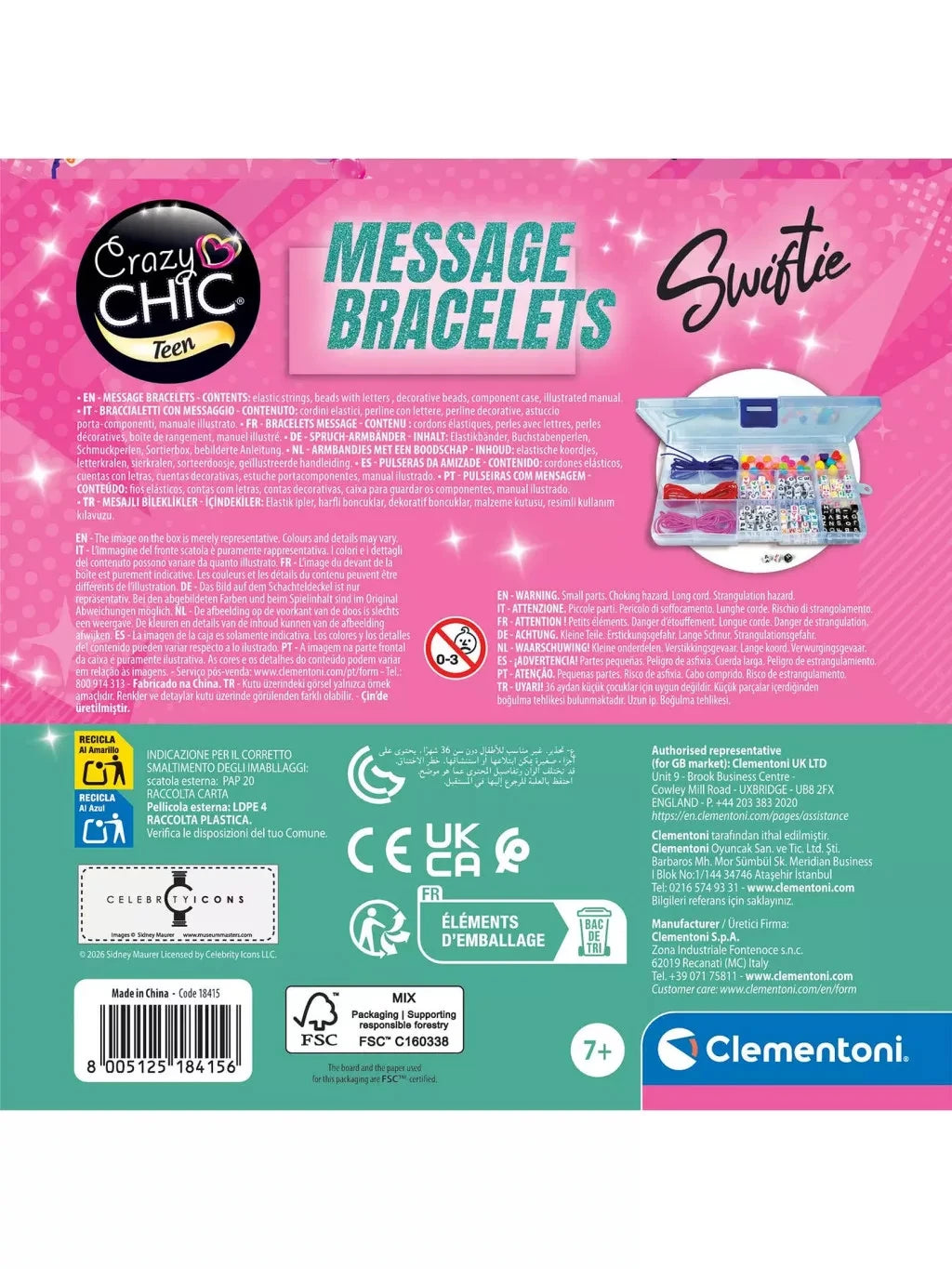 Back of Clementoni Swiftie Message Bracelets packaging showing the bracelet making materials, multilingual product information, manufacturer details, age 7+ marking and barcode 8005125184156.