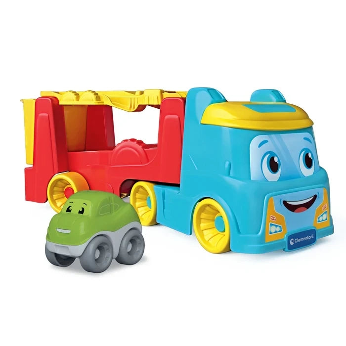 Clementoni Tumbling Car Transporter with blue smiling lorry cab, red trailer, yellow wheels and a small green tumbling car on a white background.