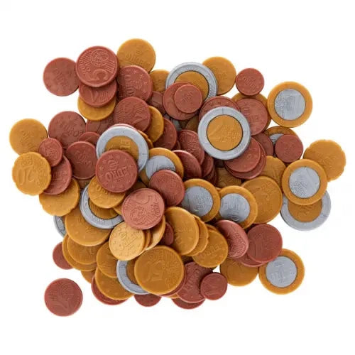 Clever Kidz Euro Coin Money Set Pack of 120 showing a pile of loose plastic euro coins