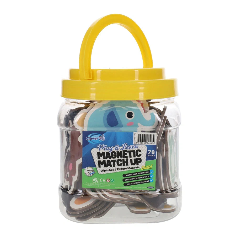 Clever Kidz Play and Learn Magnetic Match Up pieces shown inside clear carry tub with yellow lid