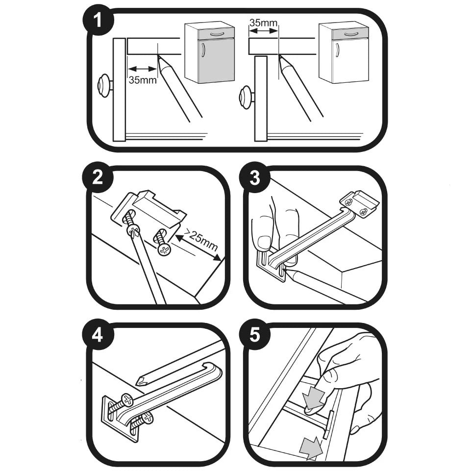 Instruction illustration showing separate latch and catch parts, screw locations, and example fitting positions for cupboards and drawers.