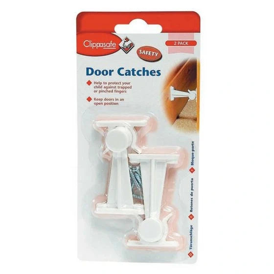 Clippasafe Door Catches 2 pack shown in white blister packaging with two white door catch fittings and fixing screws visible inside