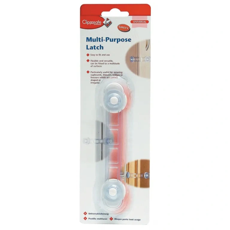 Clippasafe Multi Purpose Latch shown in retail blister packaging with flexible white strap and locking ends visible on backing card